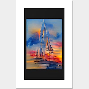 STUNNING WATERCOLOR SAILBOAT AT SUNSET Posters and Art